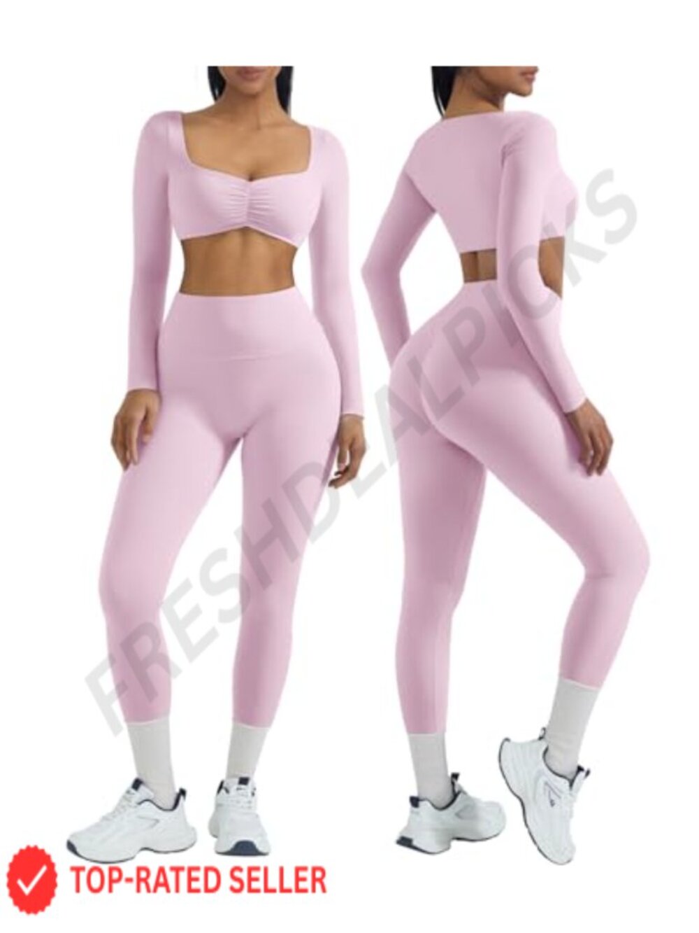 Long Sleeve Workout Set with Padded Sports Bra and High Waisted Scrunch Leggings